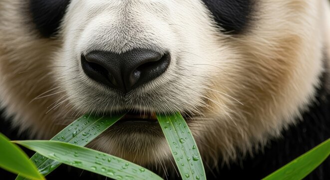 Close-up of a Giant Panda Eating Bamboo Leaves in Nature.