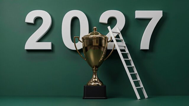 2027 new year concept with golden trophy and ladder symbolizing success, achievement, and future goals on a green background