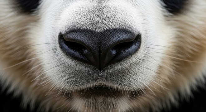 Close-up of a Giant Pandas Nose and Facial Fur, Black and White.