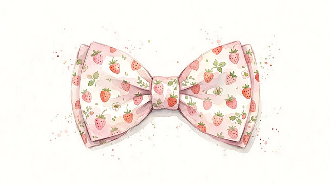 Pink floral bow tie with strawberry and leaf pattern on light background illustration