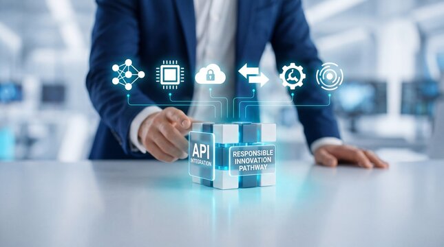 Businessman interacting with digital interface of api integration and innovation pathway on office desk with professional suit interacts innovation concepts modern