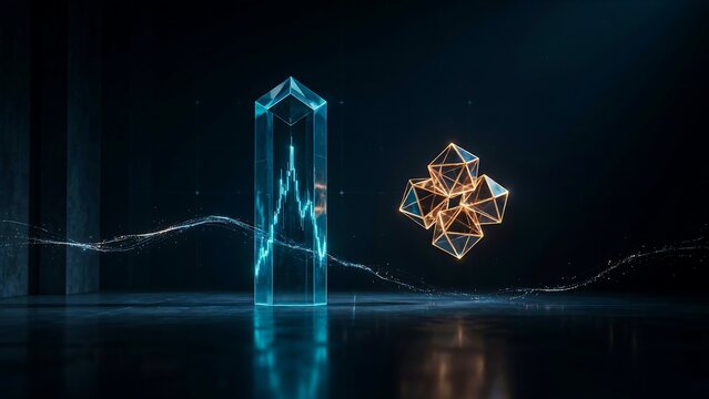 Futuristic digital technology concept with glowing blue and orange geometric structures on a dark background