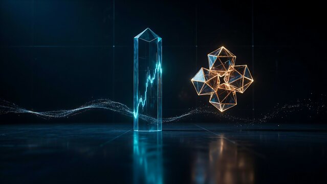 Futuristic abstract technology concept with glowing geometric structures, digital connections, and blue neon light
