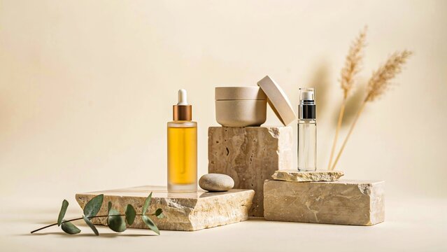 Natural skincare product display with amber serum bottles, cosmetic jars, stone blocks, and dried pampas grass