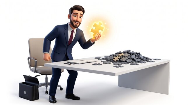 3D Businessman Mascot holding giant golden puzzle Piece