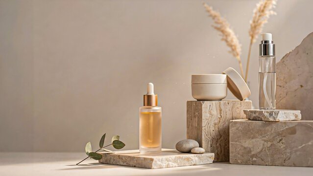 Natural skincare product display with amber serum bottle, cosmetic containers, pampas grass, and minimalist beige decor