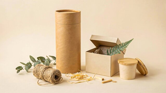 Eco friendly packaging concept with kraft paper boxes, cardboard tubes, twine, and natural materials