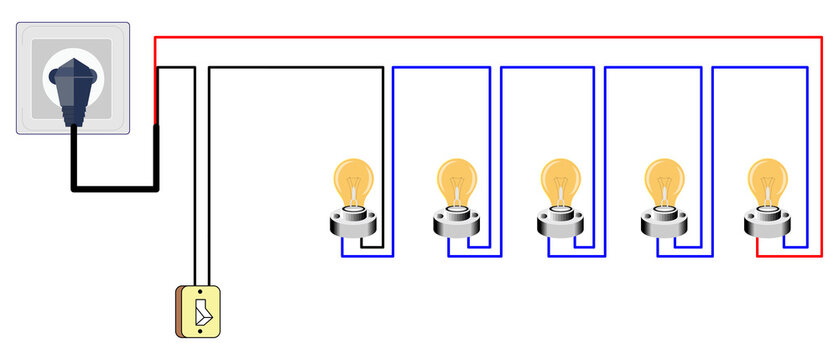 Electrical Wiring Diagram With Plug, Outlet, Switch and Five Light Bulb Circuits Illustration
