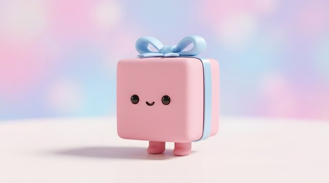 Cute pink gift box character with bow on pastel background