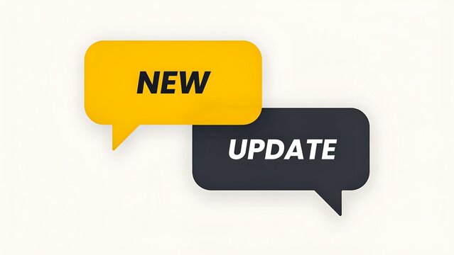 New update notification with yellow and black speech bubbles on a light background
