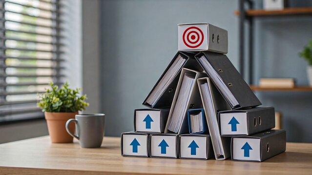 Business growth strategy concept with stacked cardboard boxes, upward arrows, and target symbol in a modern office
