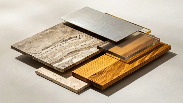 Modern building material samples featuring marble, stone, wood, and decorative tiles for interior design