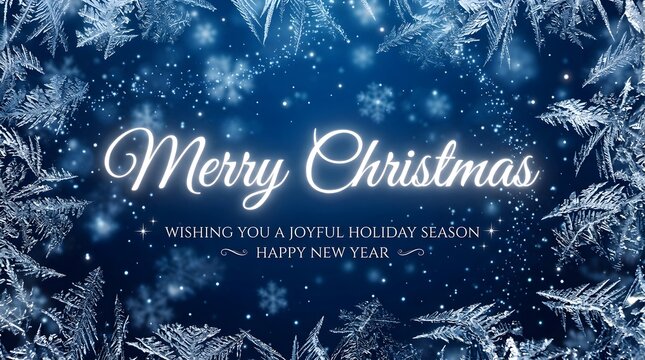 Merry christmas greeting on blue background with frost patterns