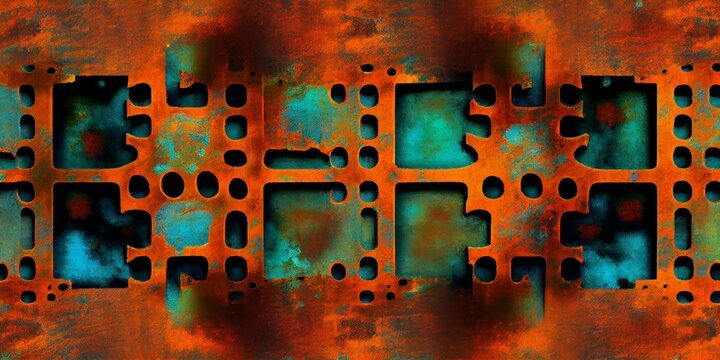 Perforated rusted metal grid with turquoise rectangular recesses