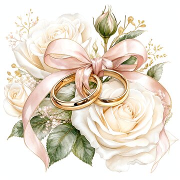 Two Gold Wedding Bands Tied With Blush Ribbon On White Roses