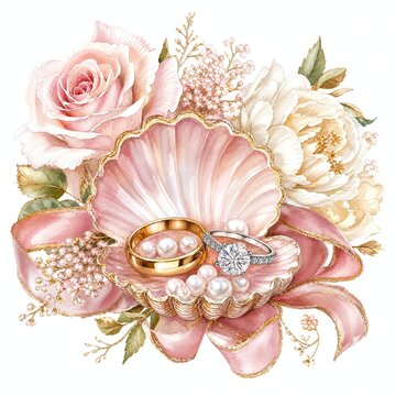 Diamond Ring And Gold Band In Pink Scallop Shell With Pearls