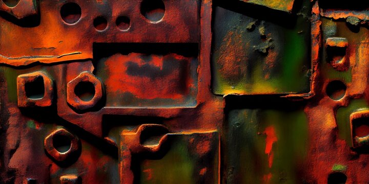 Abstract corroded metal panels with green patches and round fittings