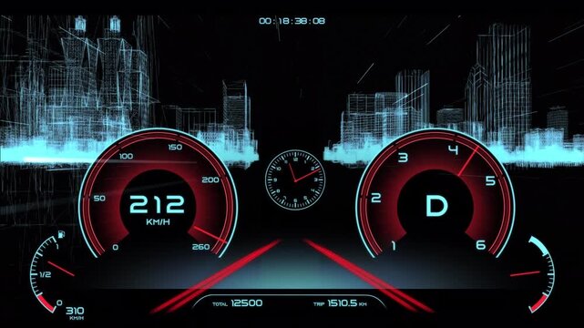 Futuristic car dashboard panel with speedometer gauge and city wireframe representing driving concept