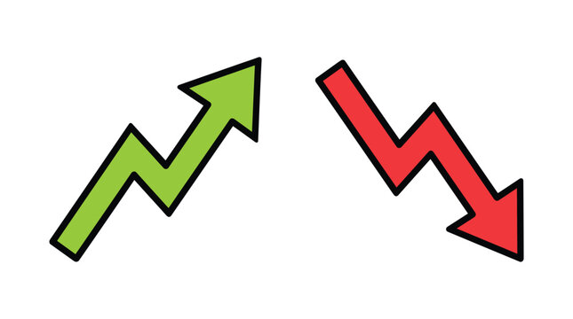 Isolated set of two colored arrow icons representing financial market growth and economic decline with green up and red down trends