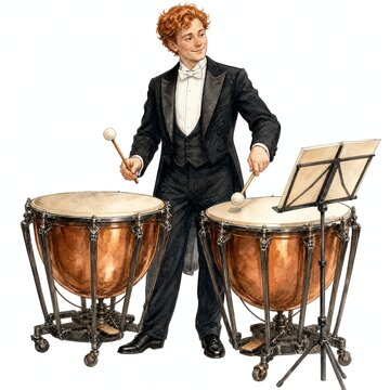 Red Haired Timpanist Striking Copper Kettle Drums In Concert Black