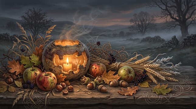 Rustic wooden table display with carved turnip lantern apples wheat and acorns for samhain.