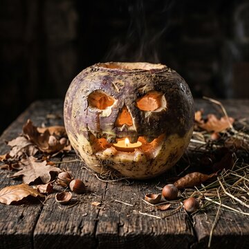 Carved turnip jack o lantern lit with candle on rustic wooden table with autumn dried leaves.