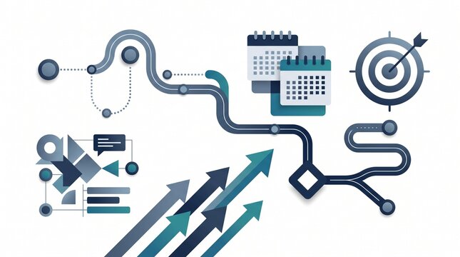 Business roadmap flowchart with calendar target and growth arrows showing strategic planning.