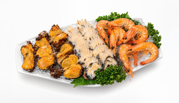 Fresh seafood platter with shrimp, abalone, and sea squirts on ice