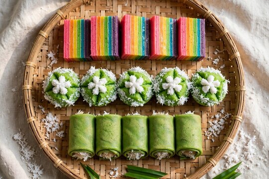 Overhead flat lay of assorted Indonesian kue basah rainbow lapis, putu ayu and dadar gulung on woven bamboo tray.