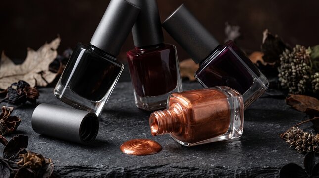 Four bottles of dark and metallic nail polish standing on black slate with dried autumn leaves.