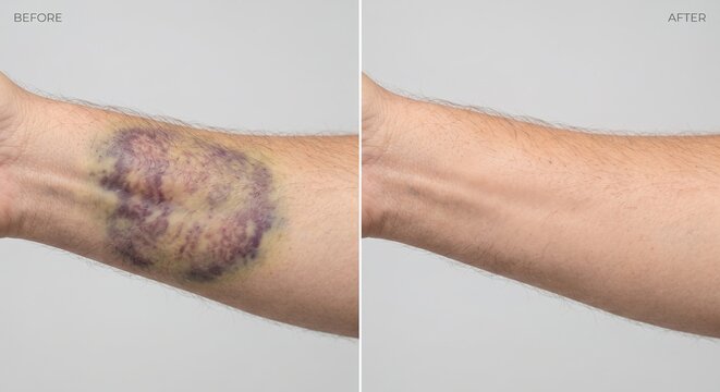 Close-up of human forearm with large purple yellow bruise and hematoma before and after contusion healing therapy