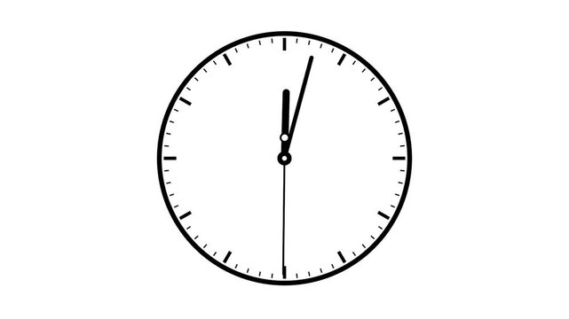 Minimalist black and white vector animation of a classic analog wall clock with continuously moving hands. Represents time management, scheduling, deadlines, punctuality, productivity, and the passage