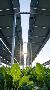 Vertical photograph taken from ground level among leafy crops looking steeply upward at the underside of an elevated solar panel array.