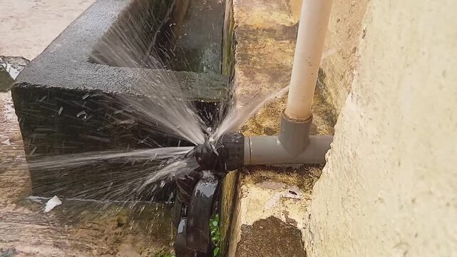 Burst PVC water pipe leaking heavily under high pressure outdoors, causing high water loss and requiring urgent plumbing repair