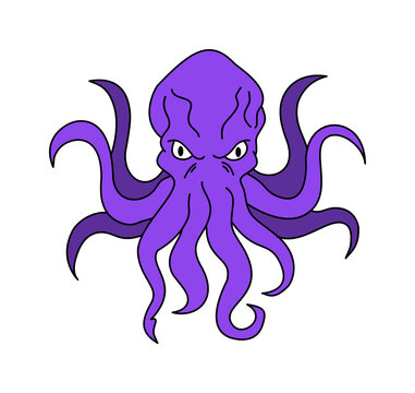 purple octopus monster with tentacles in line art
