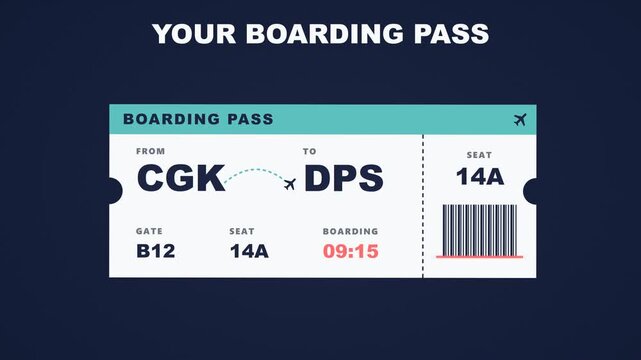 Boarding pass animation with ticket opening section by section, gate, seat, flight route and laser barcode scan