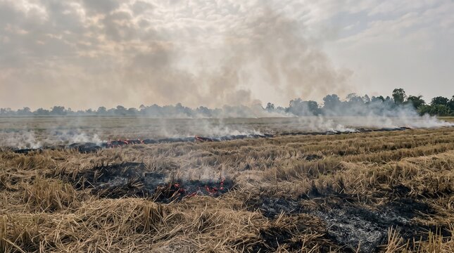 Smoke rising from rice stubble burning in harvested paddy fields, agricultural burning and air pollution