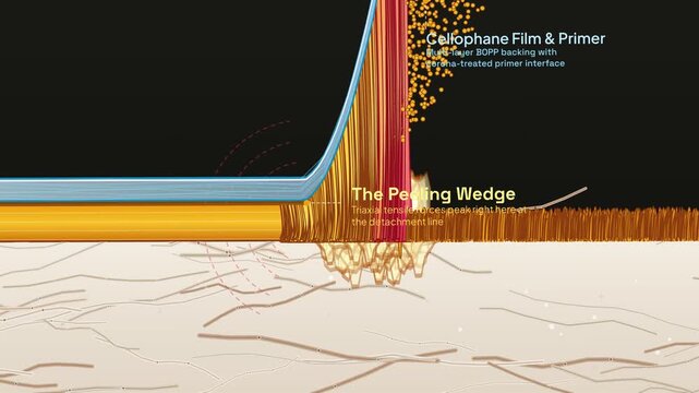 3D animation of microscopic physics of peeling adhesive tape, showing the peeling wedge, cavitation voids, viscoelastic fibrillation, elastic contraction, and cellulose fibers tearing from paper mesh