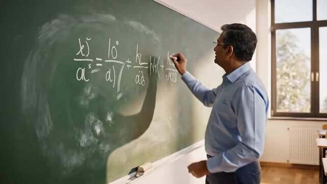 Math teacher writes equations on classroom board. He marks algebra symbols across green chalkboard in warm daylight, then pauses near desks and windows as if finishing lesson and addressing students.