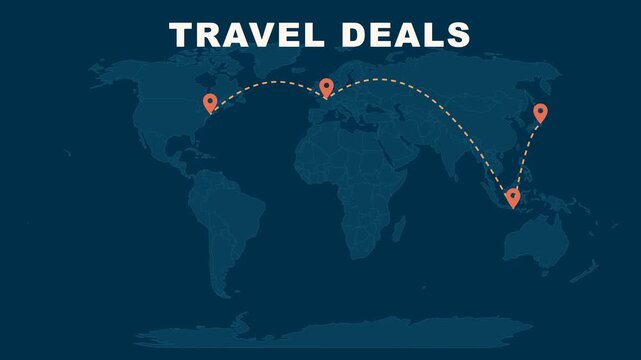 Travel deals animation with world map, destination cards flipping with crossed out prices and up to 40 percent off