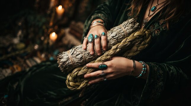 Woman hands holding smudge stick bundles showcasing dried white sage, braided sweetgrass and bohemian turquoise jewelry, concept for spiritual cleansing and esoteric ritual