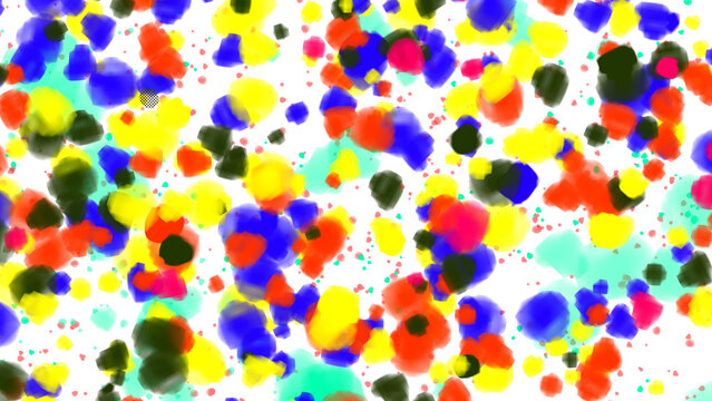 Abstract digital painting with scattered, multicolored watercolor-style paint splatters in red, yellow, blue, and teal on a white background