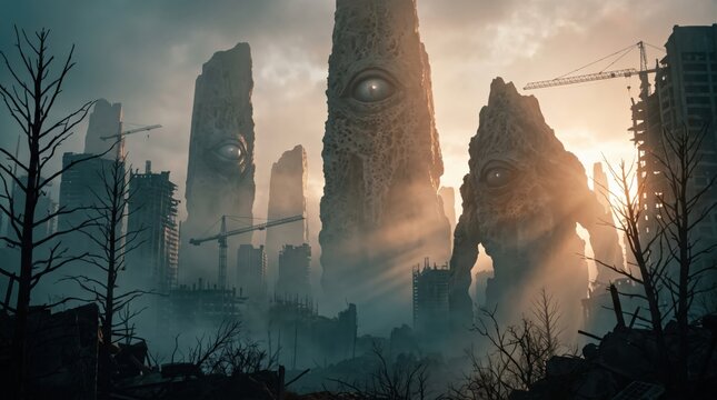 Colossal stone monsters with eyes in a ruined dystopian city