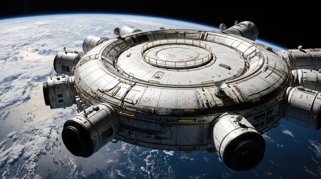 Futuristic space station orbiting planet Earth in deep space