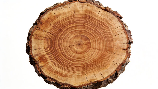 Cross-section of a tree trunk showing concentric growth rings and bark edge against white background