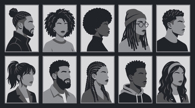Modern grayscale vector illustration of diverse people profile portraits, collection of faceless avatars representing inclusion, community, and social media identity.