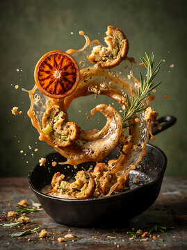 Stuffing and blood orange slice splashing with savory gravy in a cast iron skillet