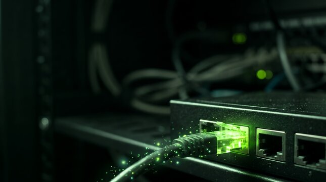 A green network cable glows brightly as it connects to a switch in a server rack.