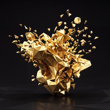Golden geometric sculpture exploding into shiny fragments on black background