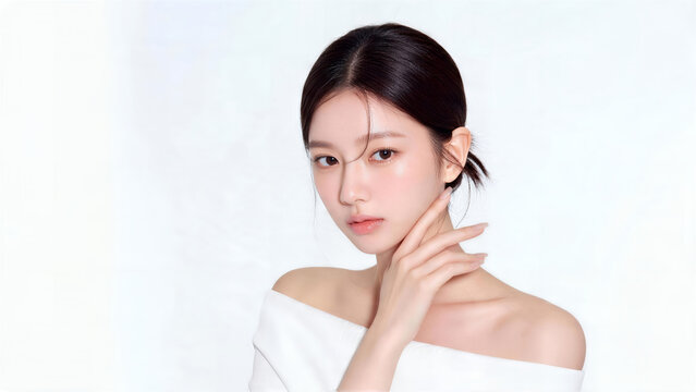 顎から頬へ指を添えるまとめ髪の女性、白いオフショルダー姿